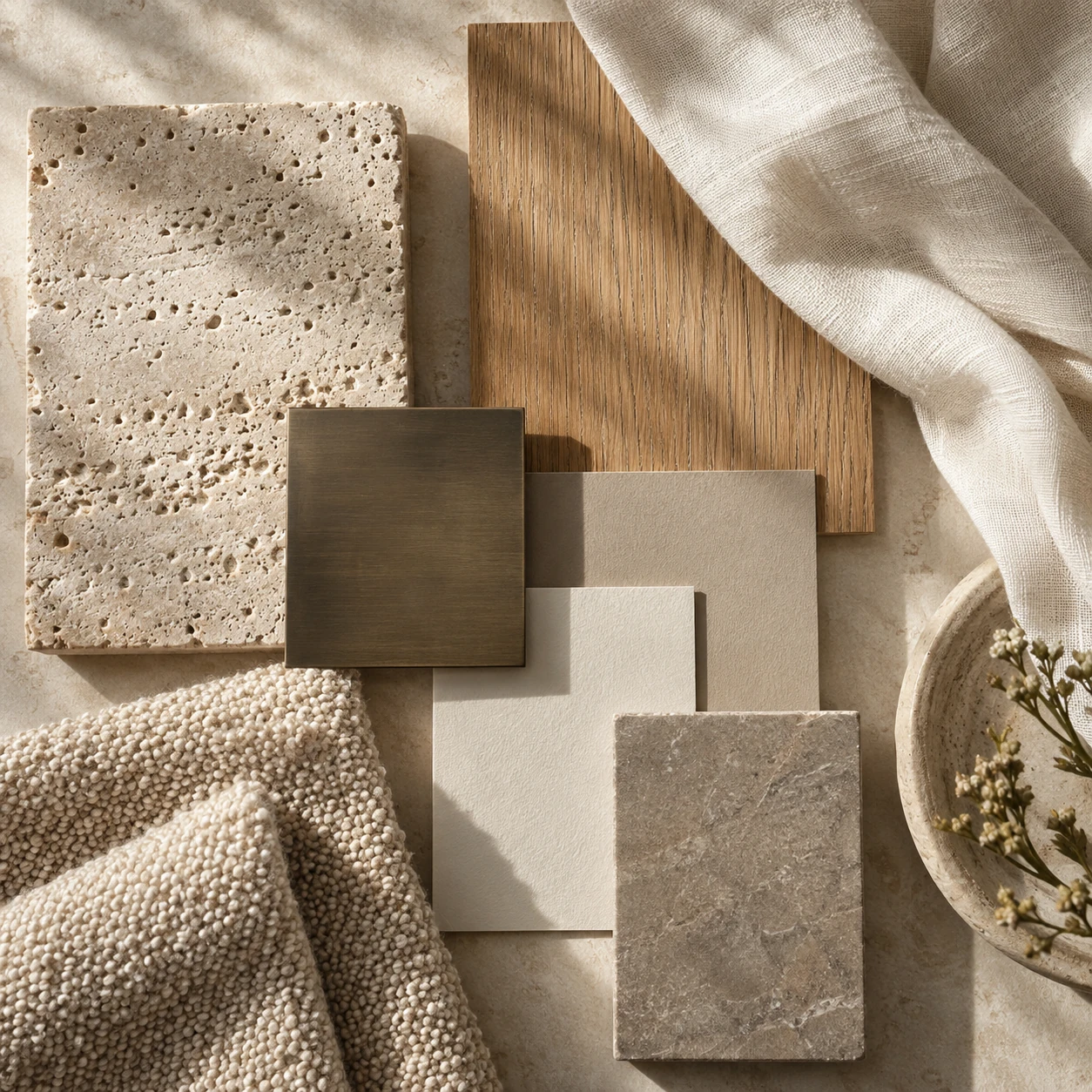 Moodboard de matières, textiles et finitions