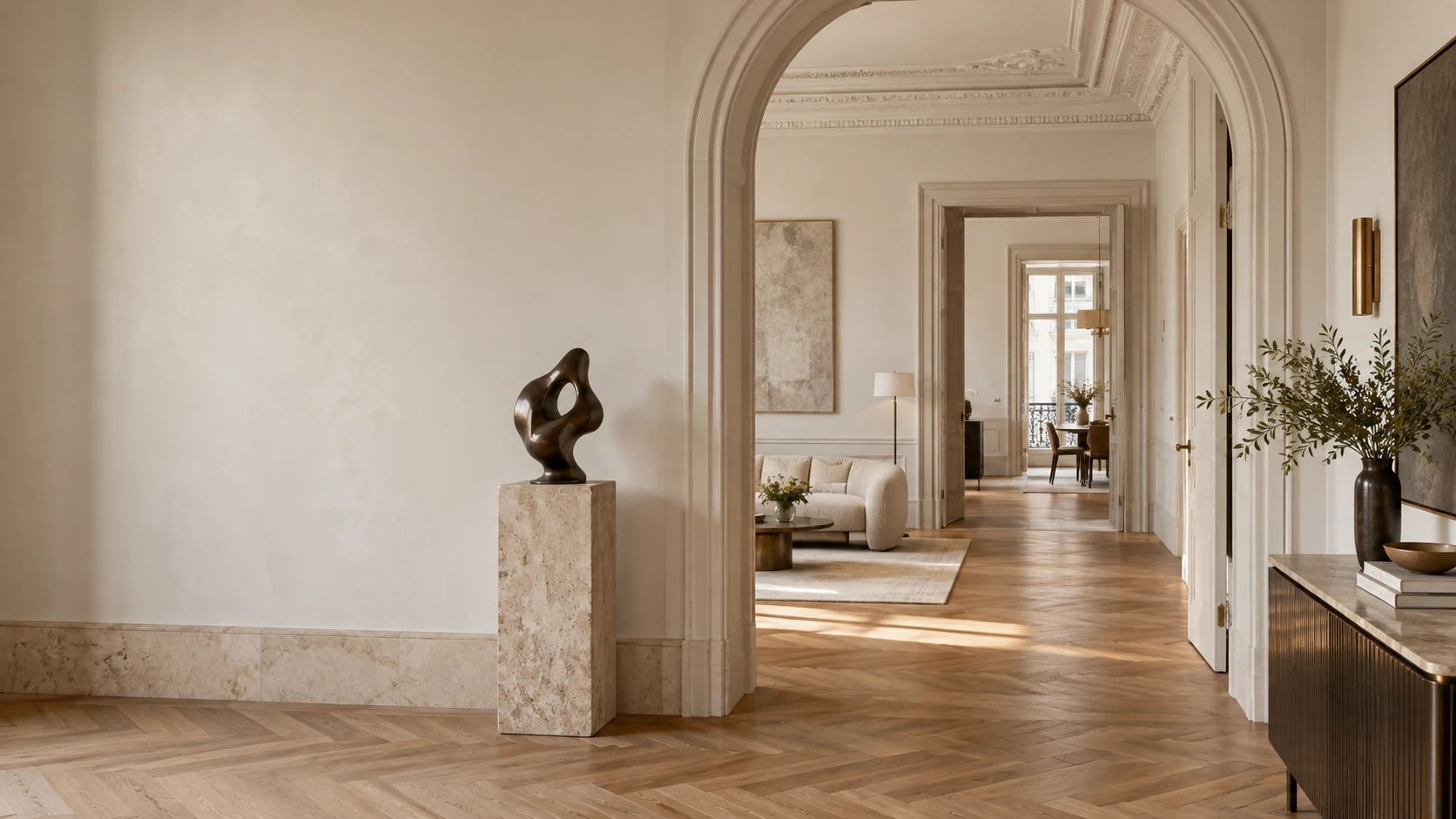 Enfilade de pièces avec arches, moulures et parquet en bois Enfilade de pièces avec arches, moulures et parquet en bois