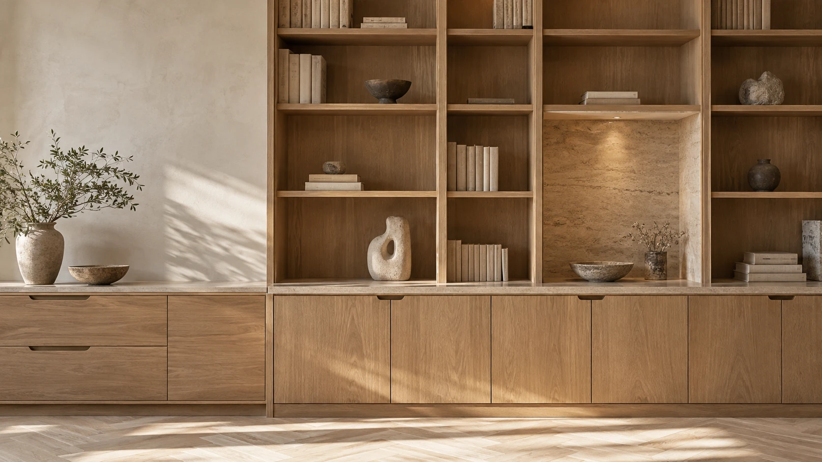 Bibliothèque sur mesure en bois avec niches ouvertes et meubles bas