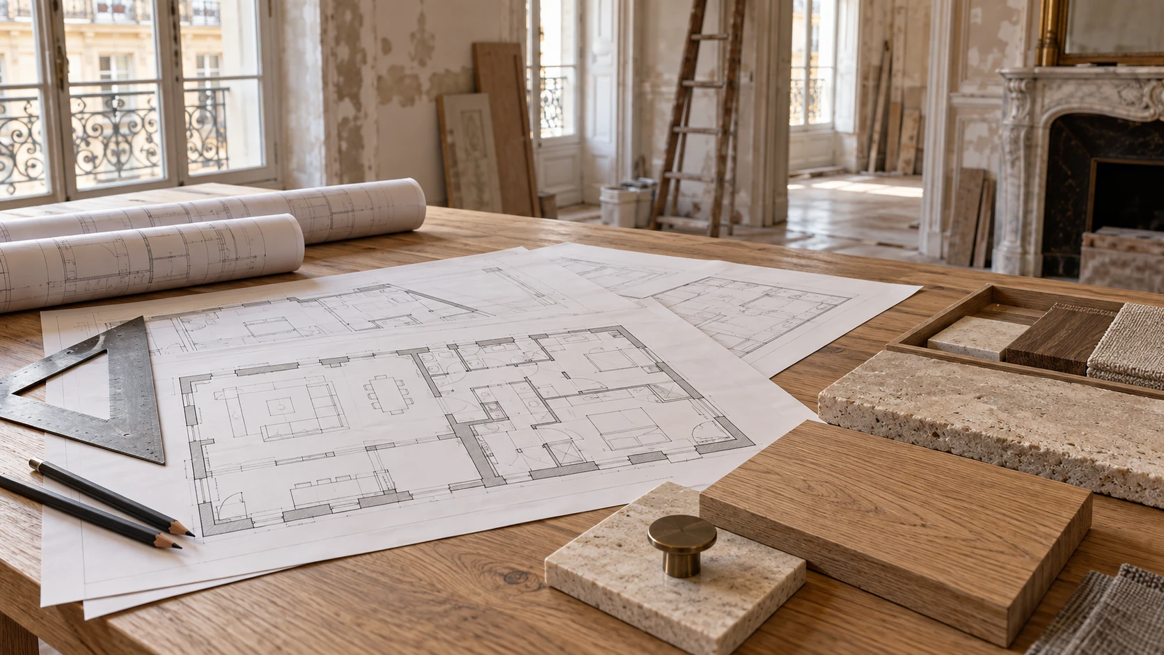 Plans d’architecture intérieure et échantillons disposés sur une table de chantier