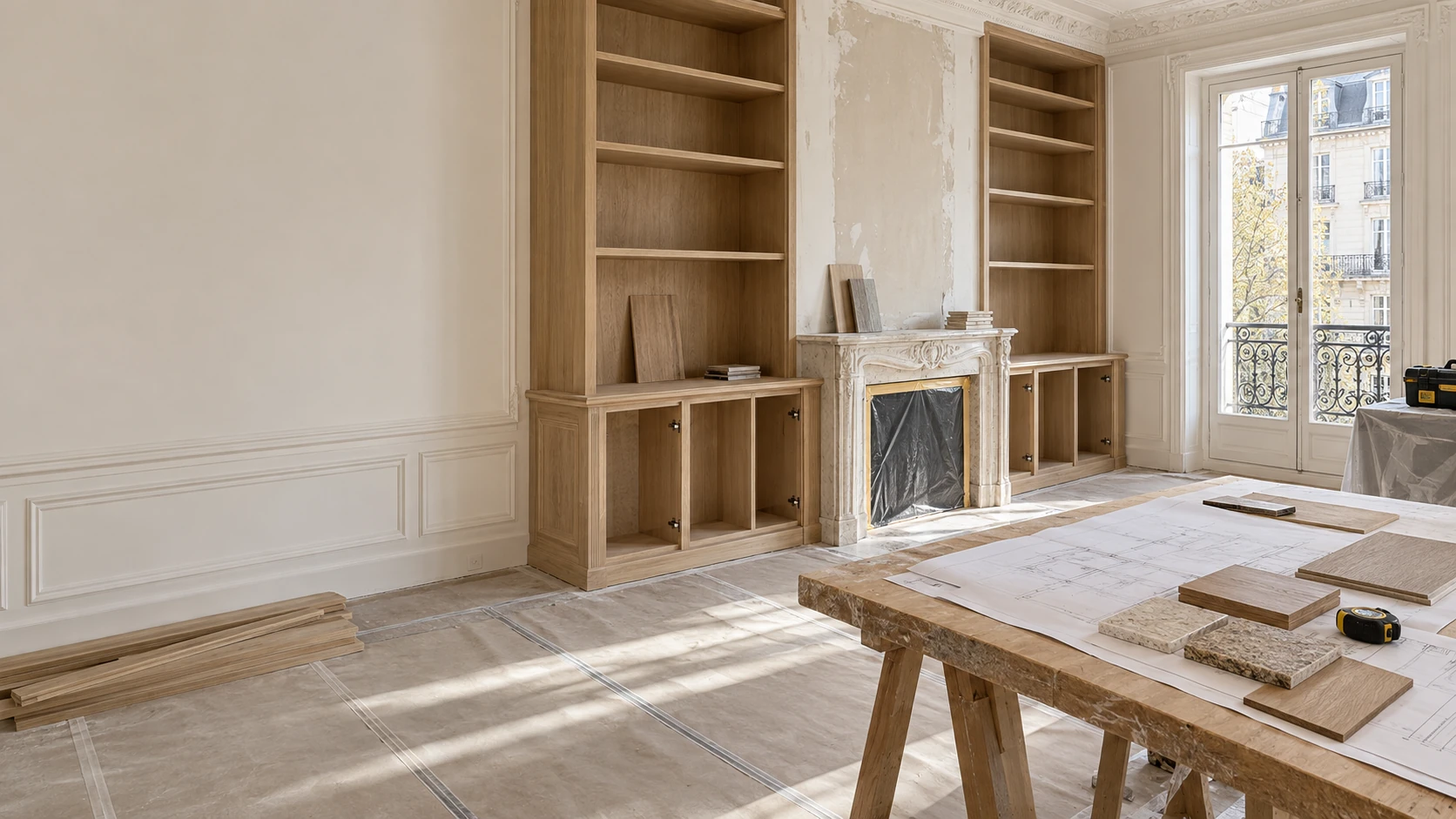 Pièce en rénovation avec bibliothèque en cours de pose et table de travail