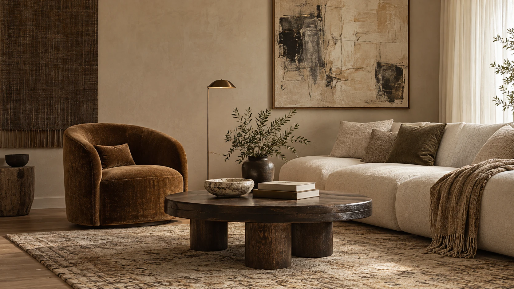 Salon aux tons naturels avec canapé clair, fauteuil brun et table basse ronde Salon aux tons naturels avec canapé clair, fauteuil brun et table basse ronde