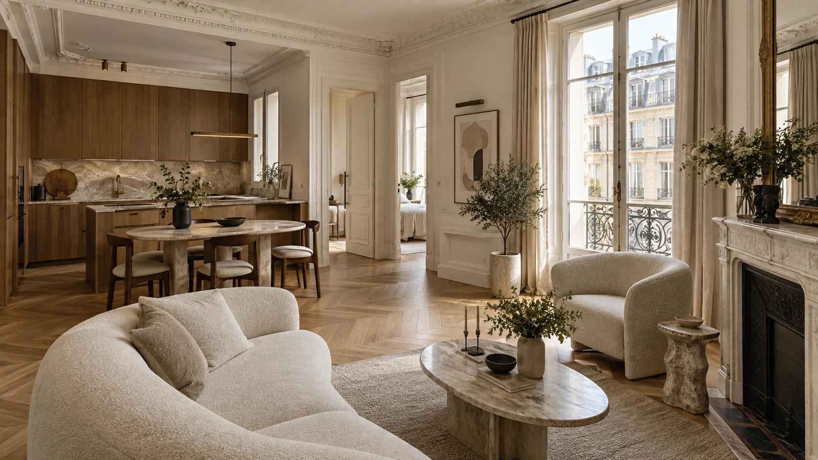 Intérieur contemporain lumineux aux matières naturelles