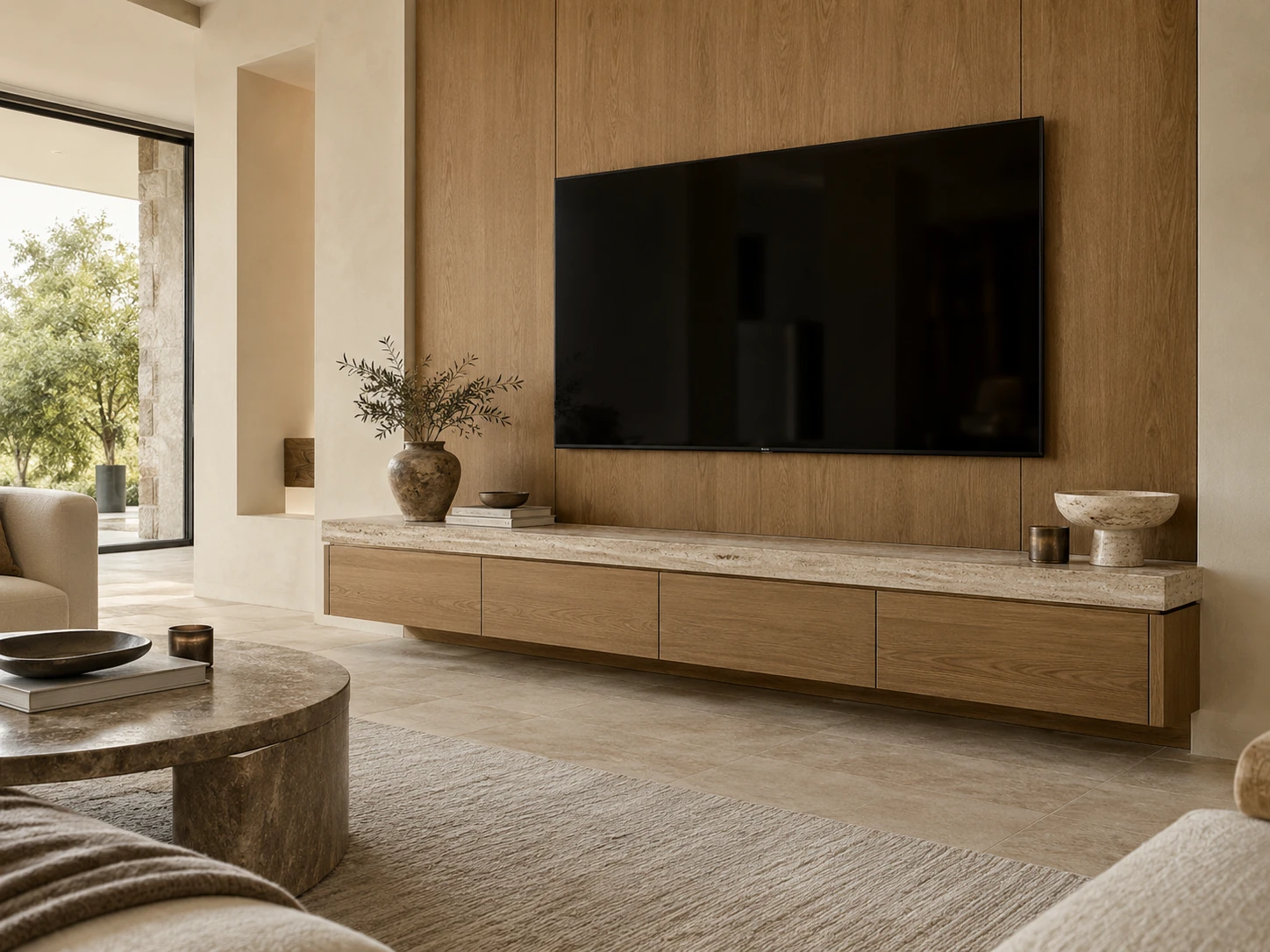 Meuble TV en bois avec panneau mural et rangements bas