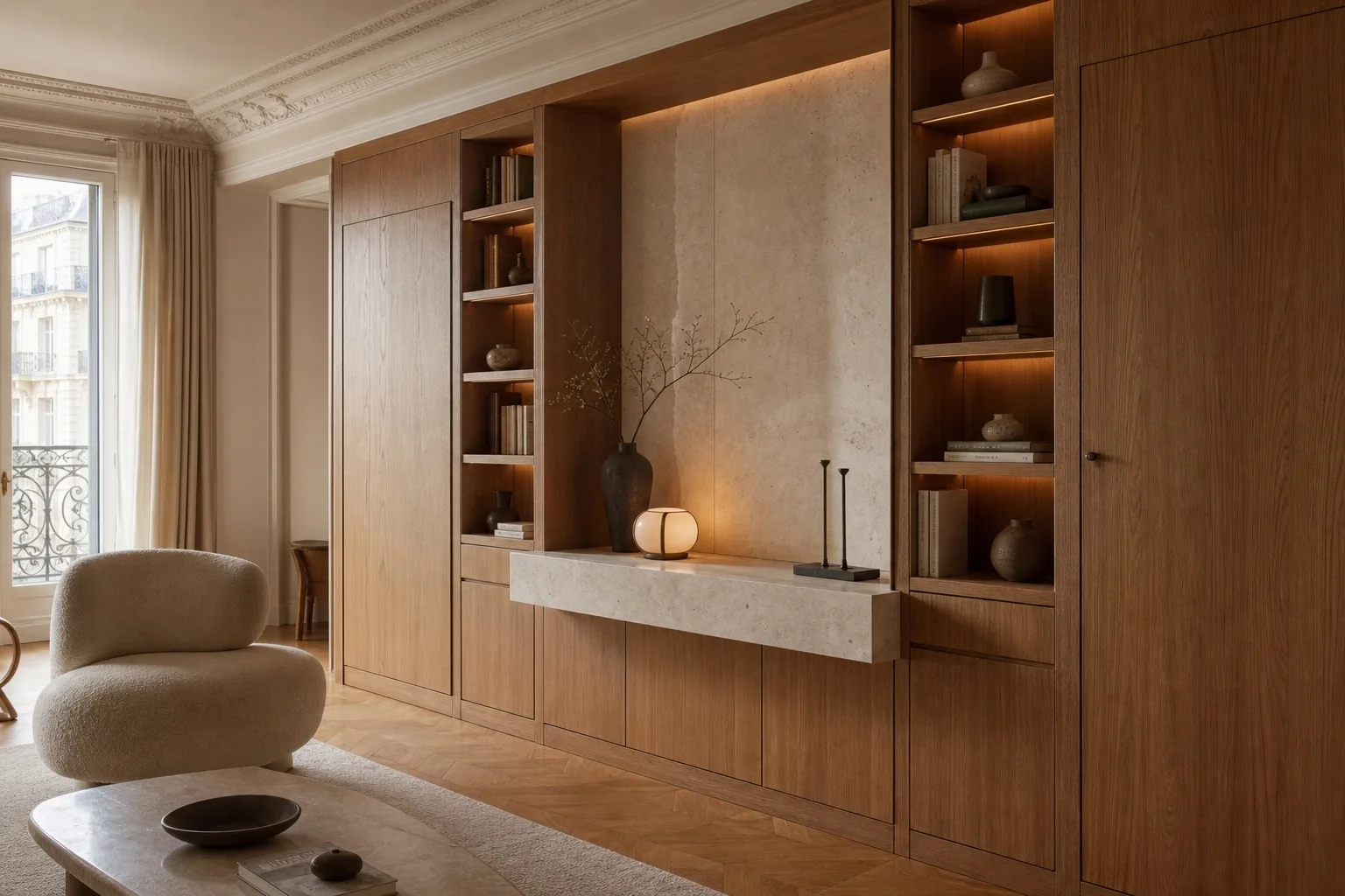 Menuiserie sur mesure en bois et pierre dans un intérieur parisien haut de gamme Menuiserie sur mesure en bois et pierre dans un intérieur parisien haut de gamme