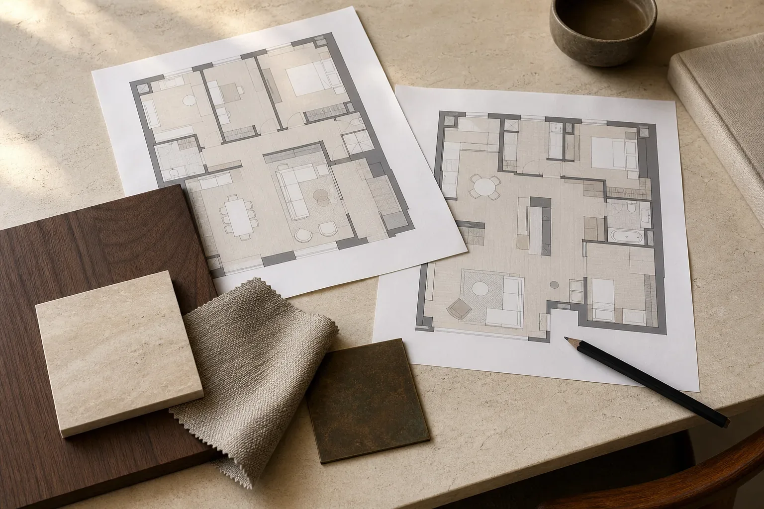 Plan d’aménagement et échantillons de matériaux pour évaluer le potentiel d’un appartement