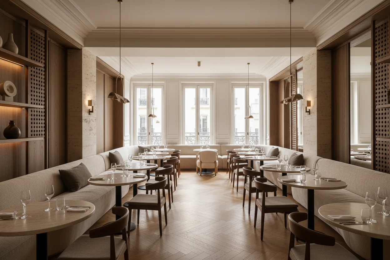 Intérieur de restaurant parisien haut de gamme avec pierre claire, bois foncé, banquettes sur mesure et éclairage indirect Intérieur de restaurant parisien haut de gamme avec pierre claire, bois foncé, banquettes sur mesure et éclairage indirect