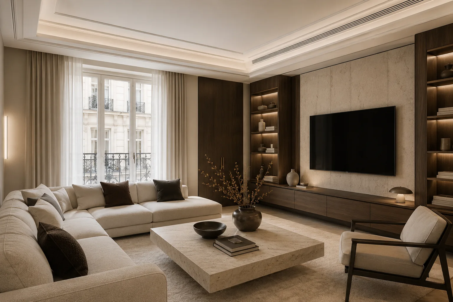 Salon parisien avec climatisation intégrée au plafond et meuble TV en bois Salon parisien avec climatisation intégrée au plafond et meuble TV en bois