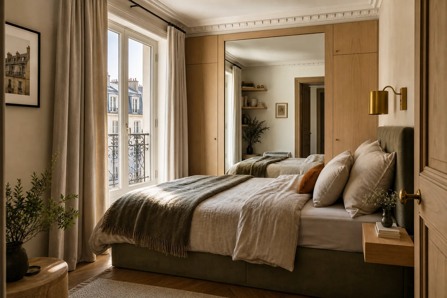 Petite chambre parisienne optimisée avec miroir, rangements intégrés et mobilier suspendu Petite chambre parisienne optimisée avec miroir, rangements intégrés et mobilier suspendu
