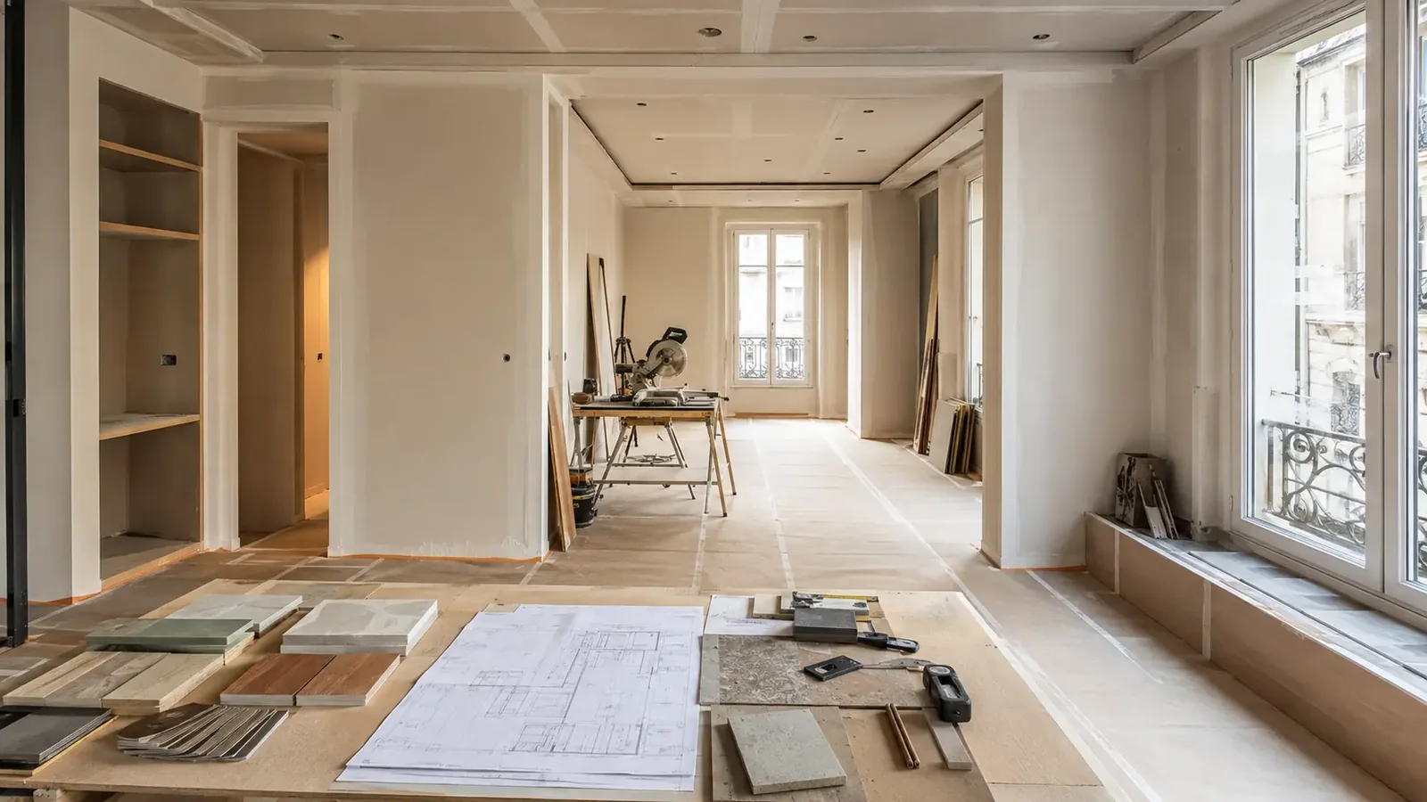 Chantier de rénovation d’appartement parisien propre, protégé et organisé selon les plans Chantier de rénovation d’appartement parisien propre, protégé et organisé selon les plans