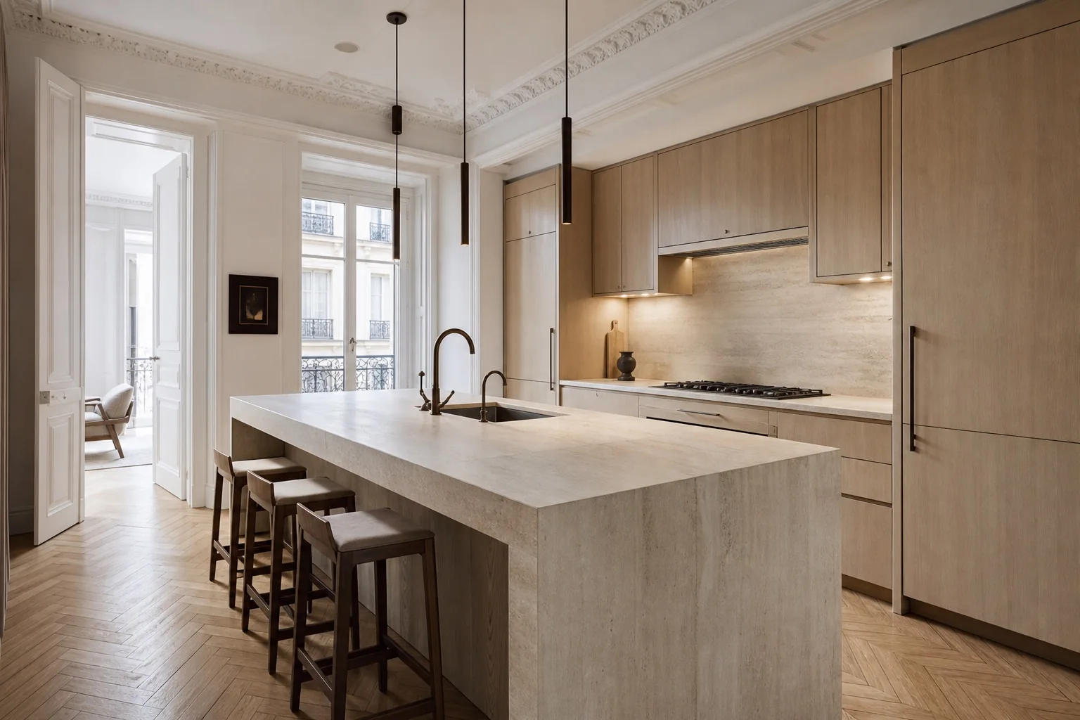 Cuisine haut de gamme dans un appartement parisien rénové avec îlot en pierre et menuiseries sur mesure Cuisine haut de gamme dans un appartement parisien rénové avec îlot en pierre et menuiseries sur mesure