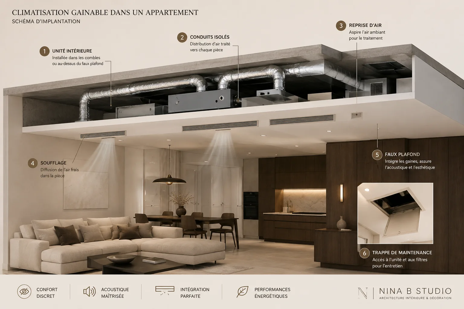 Schéma d’implantation d’une climatisation gainable dans un appartement avec unité intérieure, gaines, soufflage, reprise d’air et trappe de maintenance. Schéma d’implantation d’une climatisation gainable dans un appartement avec unité intérieure, gaines, soufflage, reprise d’air et trappe de maintenance.