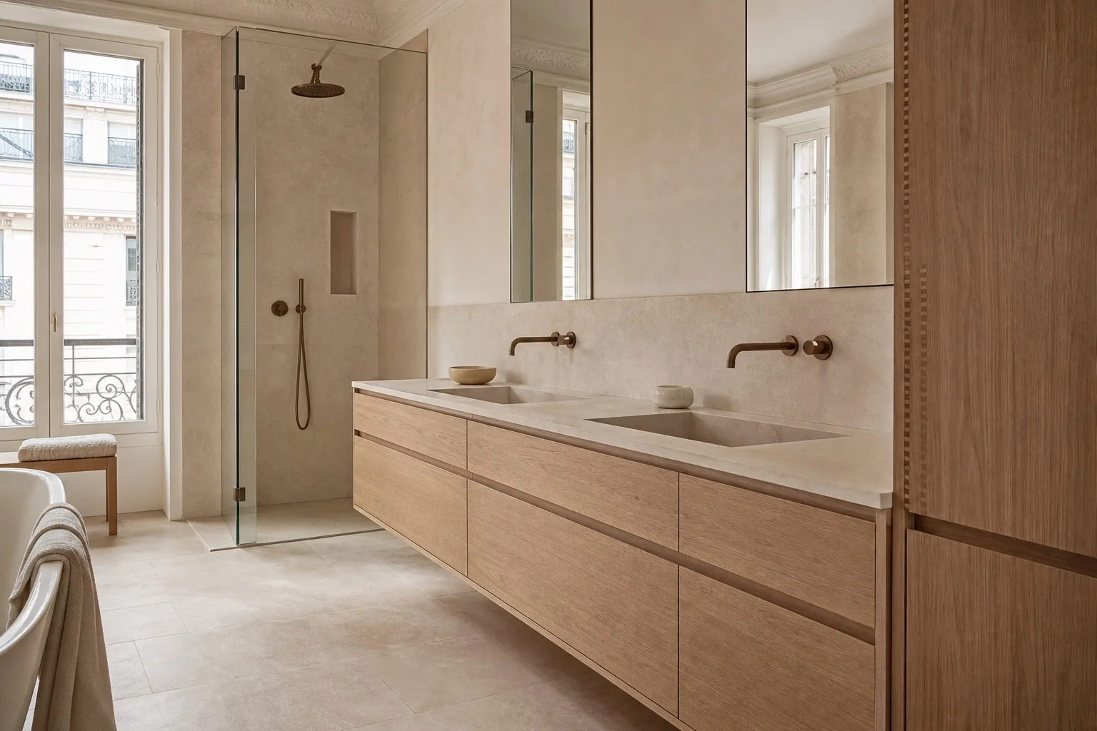 Salle de bains haut de gamme en pierre et bois dans un appartement parisien rénové Salle de bains haut de gamme en pierre et bois dans un appartement parisien rénové