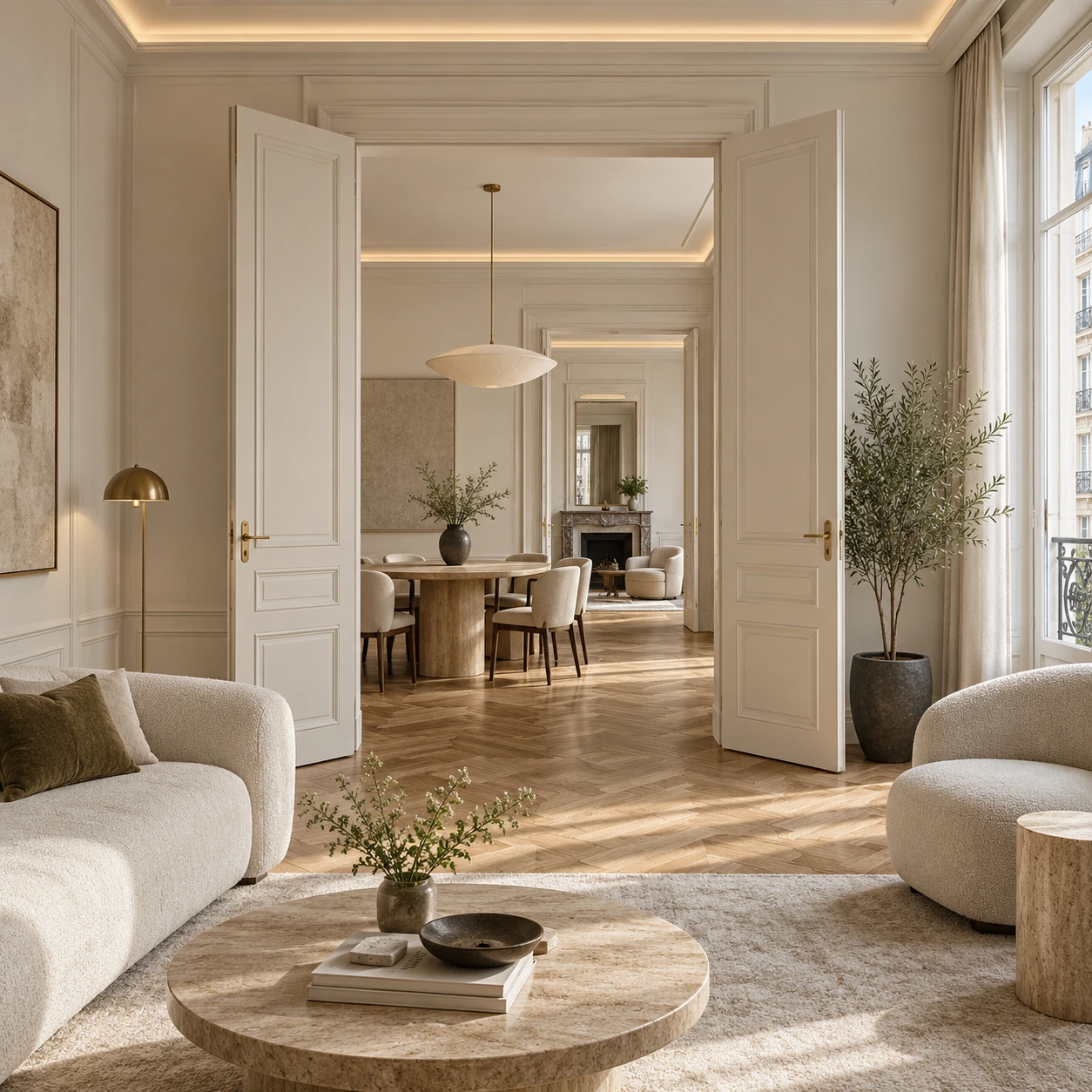 Salon avec moulures, parquet et ouverture sur la salle à manger
