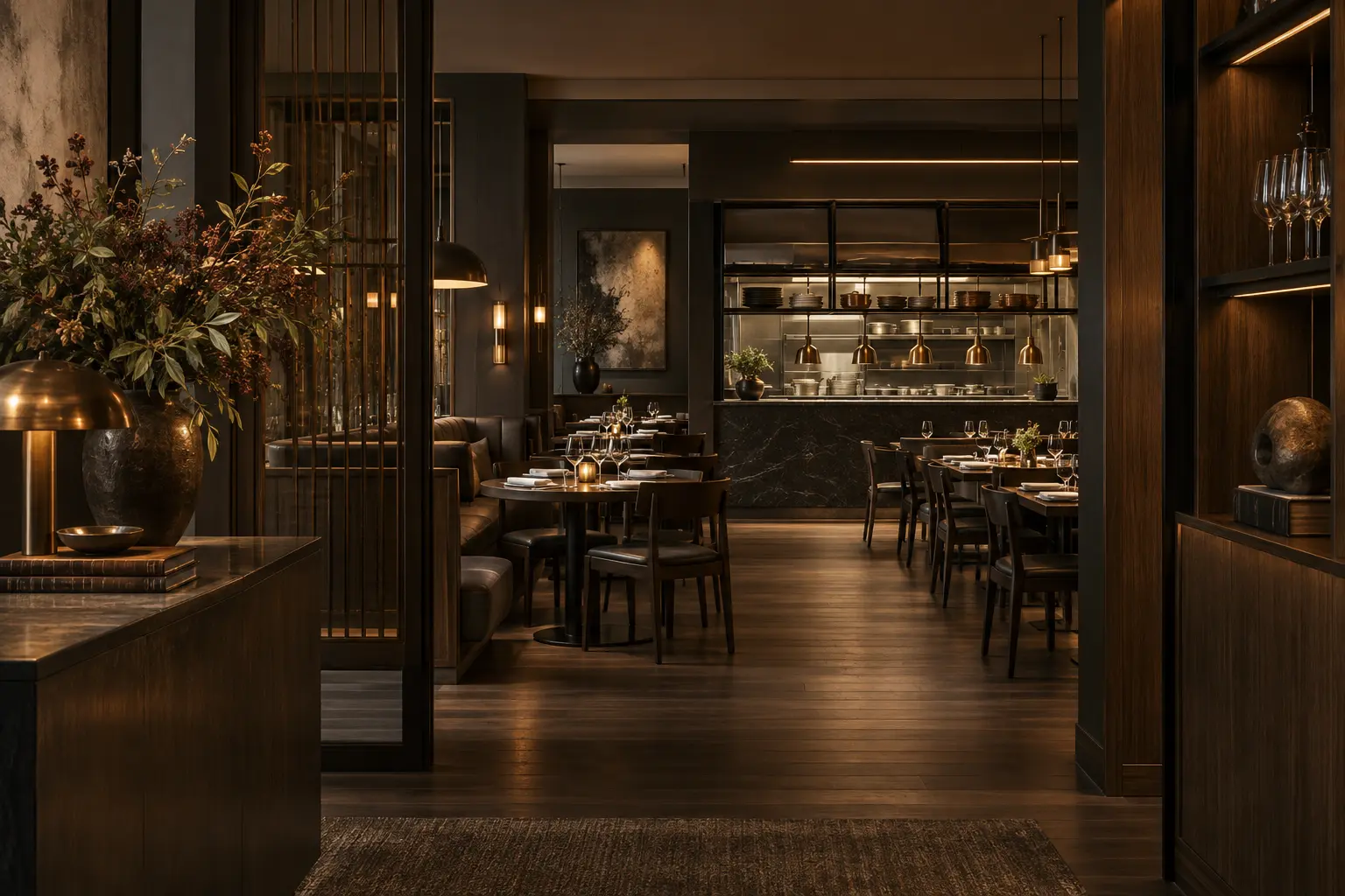 Salle de restaurant contemporaine organisée autour d’un passe central