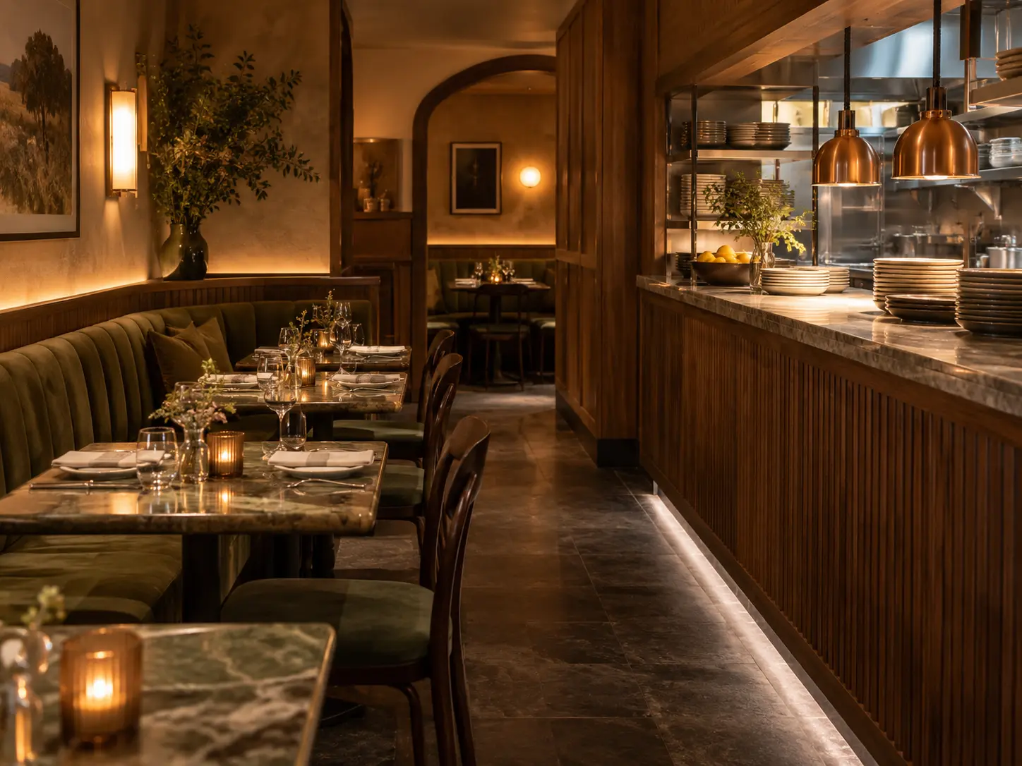 Détail de banquette et de séparation en bois dans un restaurant