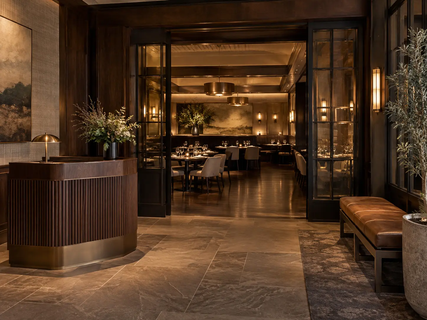 Entrée de restaurant avec accueil visible et salle en profondeur