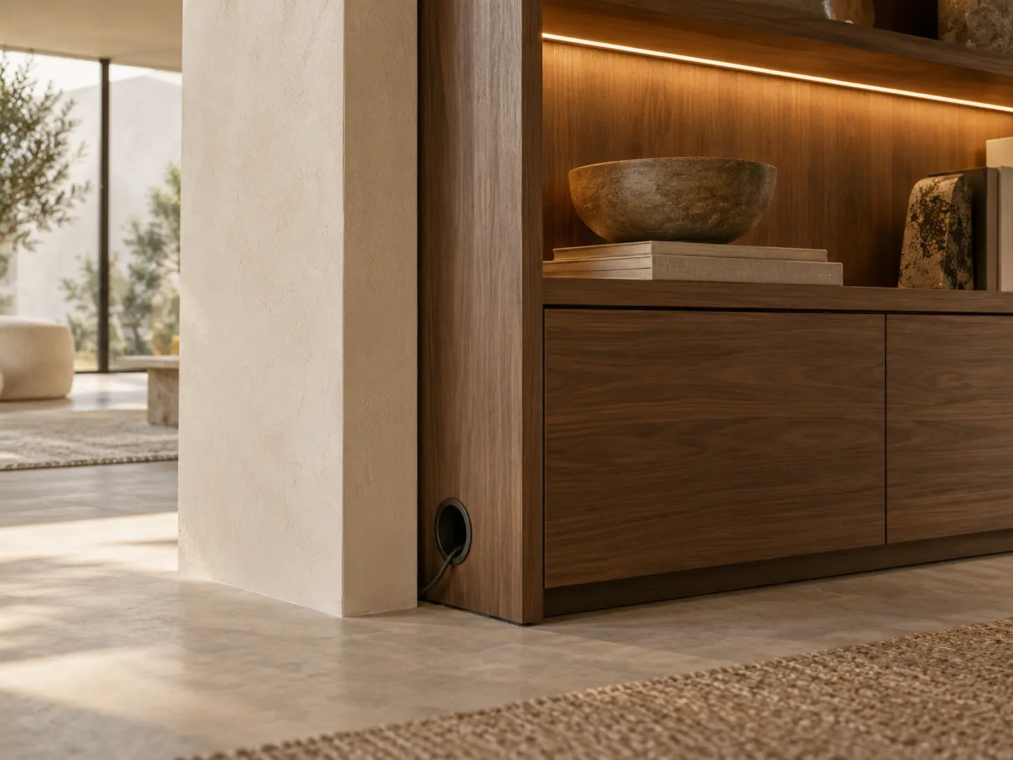 Détail de menuiserie et de rangement intégré en bois naturel Détail de menuiserie et de rangement intégré en bois naturel
