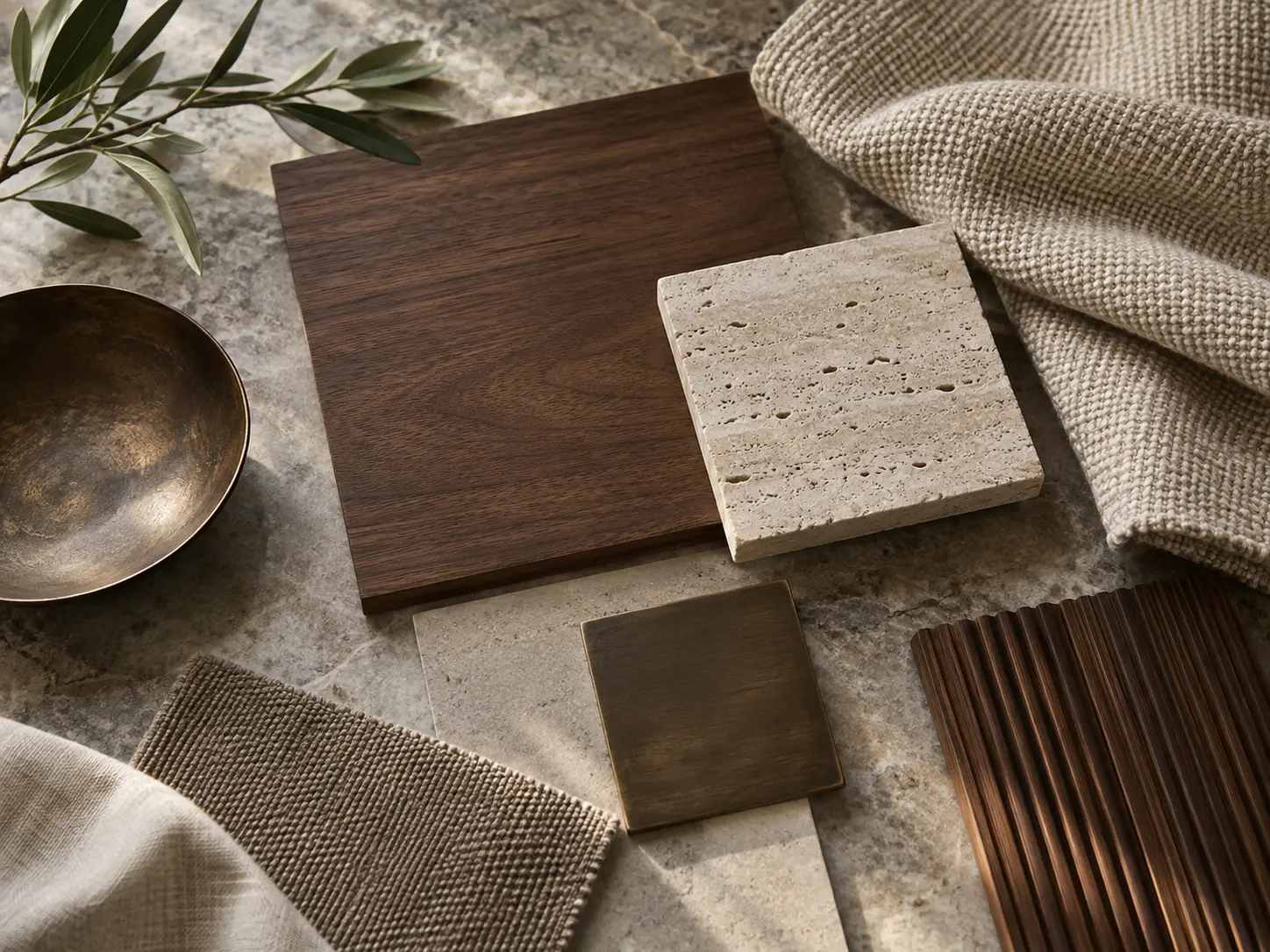 Échantillons de bois, pierre et textile réunis sur une table Échantillons de bois, pierre et textile réunis sur une table