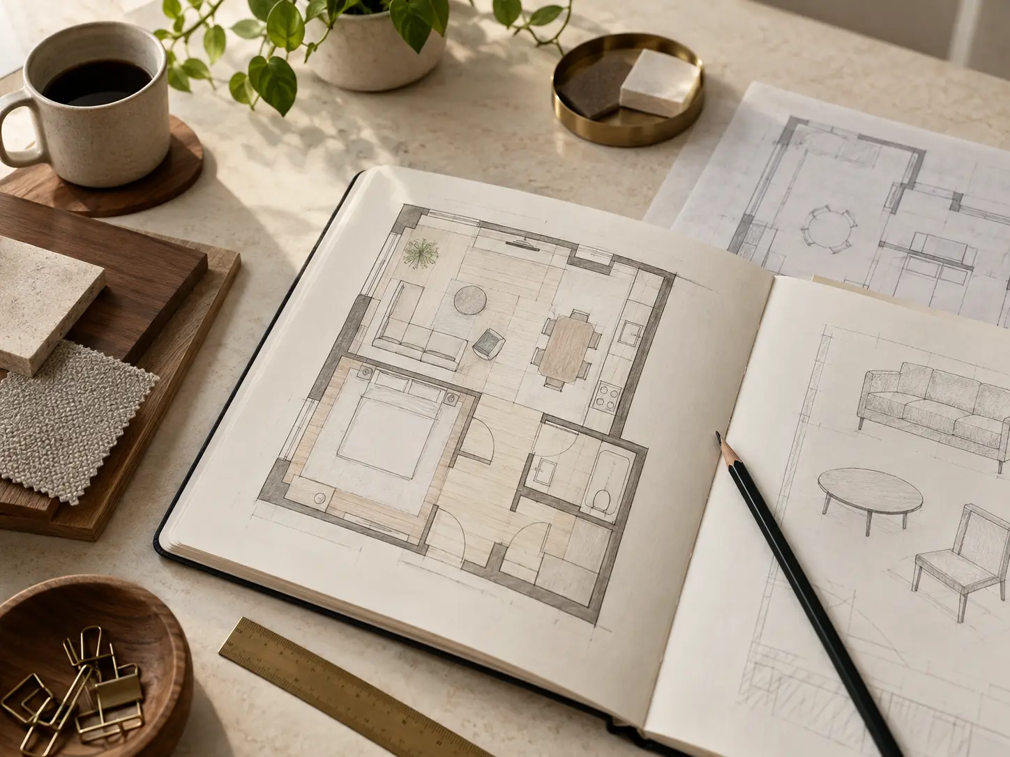 Trois variantes de plan d’appartement dessinées sur un carnet Trois variantes de plan d’appartement dessinées sur un carnet
