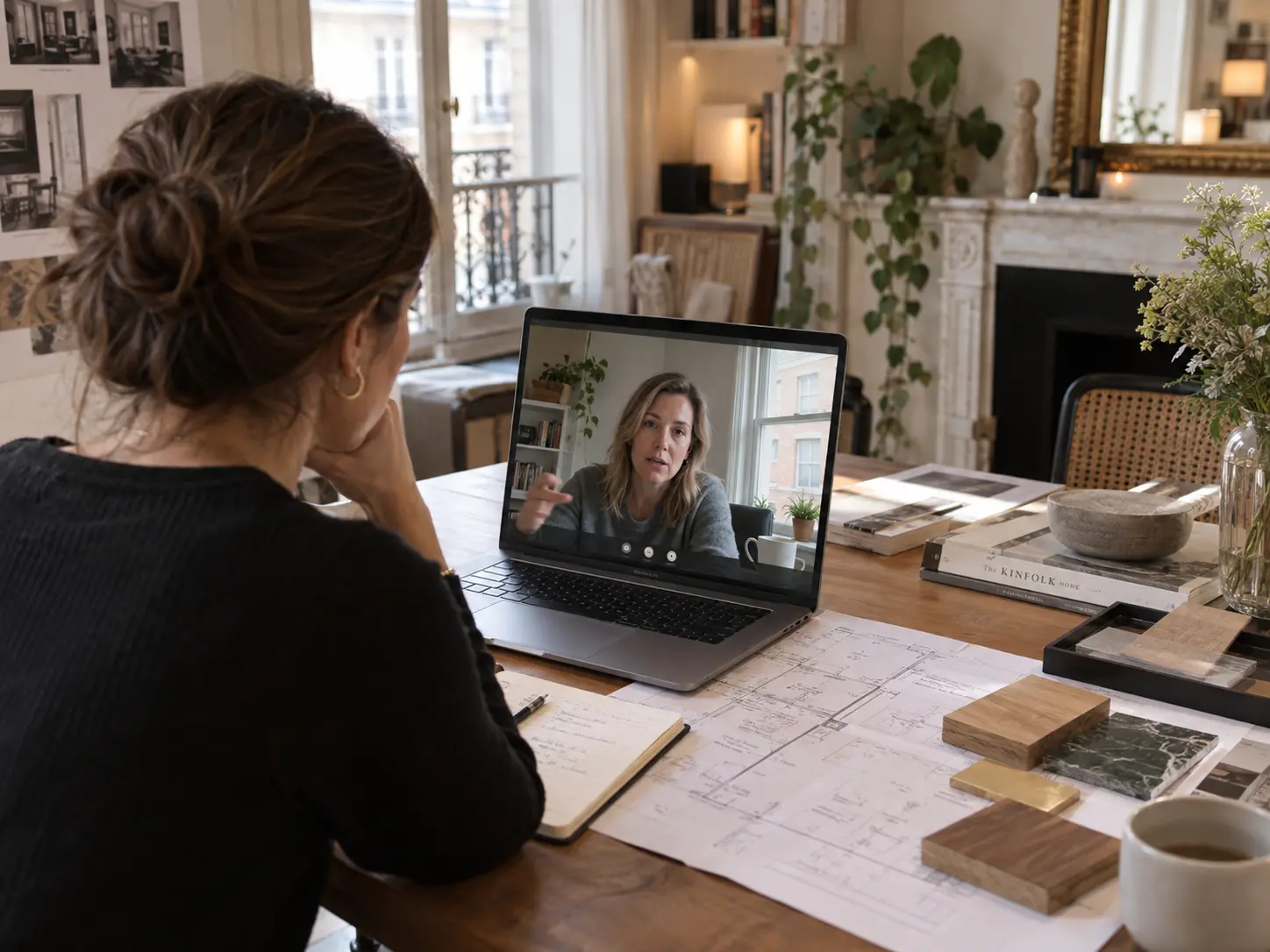 Architecte d’intérieur à Paris échangeant en visioconférence avec une cliente aux États-Unis