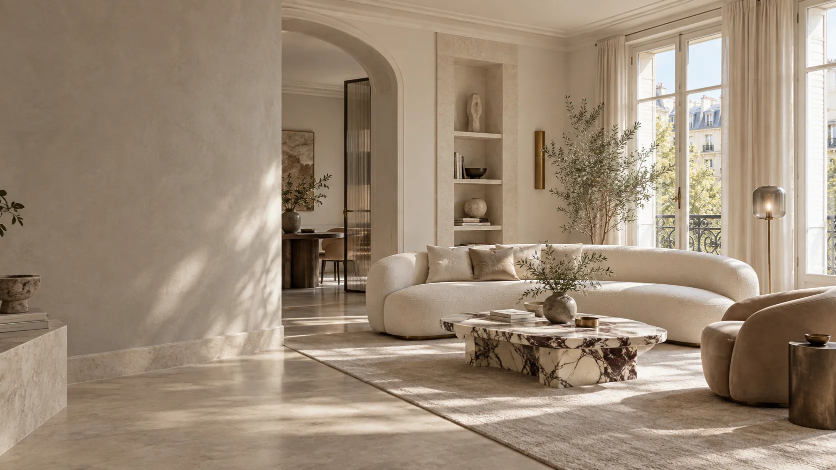 Salon lumineux avec canapé courbe, matières naturelles et grandes fenêtres Salon lumineux avec canapé courbe, matières naturelles et grandes fenêtres
